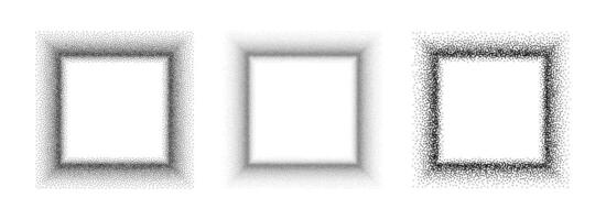 Black stippled square frame set. Dotted gradient border collection. Squared picture holders for banner, copy space, collage, emblem, poster, template, box. Stipple frame element bundle. vector