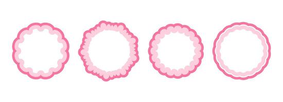 Cute frill pattern frame set. Pink scalloped circle border collection. Soft wavy lace edge shapes in rococo style for decoration, poster, banner, brochure. Girly coquette round element pack vector