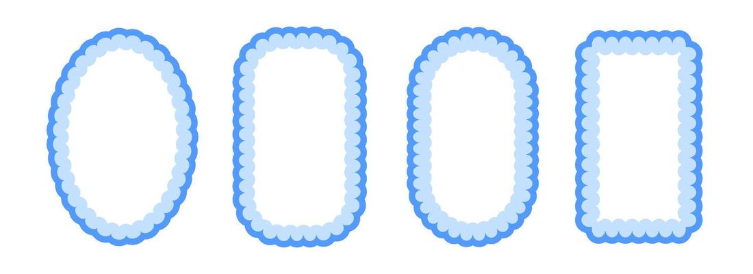 Light blue frill pattern frame set. Cute scalloped ellipse and rectangle border collection. Wavy lace edge shape in rococo style for decoration, poster, banner. Wiggly coquette element pack