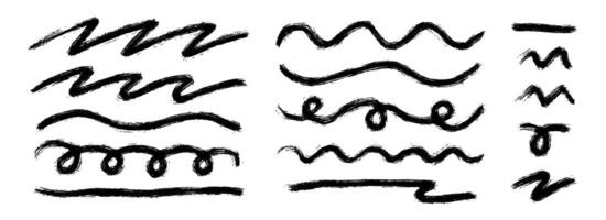 Long and short wavy paint line set. Zig zag and undulate sketch brush stroke collection. Rough charcoal curved stripes for highlight, underline, emphasis, accent. Hand drawn crayon chalk strips vector