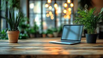 Work Desk Setup With Laptop and Indoor Plants in Cozy Workspace Environment photo