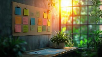 Bright Workspace With Sticky Notes and Plants in a Sunlit Room During Late Afternoon photo