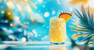 Refreshing Tropical Cocktail Garnished With Pineapple Slice Against Vibrant Blue Background photo