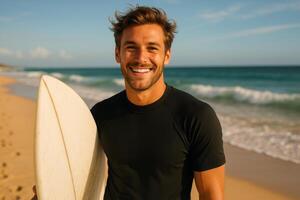Surfer Smiles on a Sunny Beach Holding a Surfboard During a Beautiful Day by the Ocean photo
