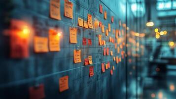 Sticky Notes Organized on a Board in a Creative Workspace During Afternoon Hours photo