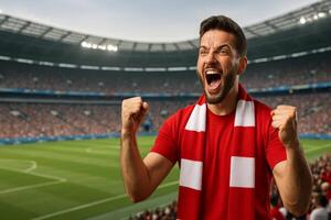 Excited Soccer Fan Celebrating a Goal During a Match in a Packed Stadium photo