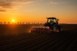 Tractor Plowing Field at Sunset Creating Fresh Rows of Soil in Rural Farmland photo