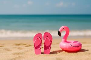 Pink Flip Flops and a Flamingo Float at the Beach on a Sunny Day photo