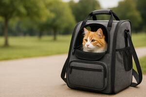 Cat in a Pet Carrier Enjoying a Sunny Day in the Park With Green Grass and Trees Around photo