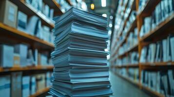 Stacked Papers in a Large Warehouse Library During Daytime, Showcasing Organization and Storage Methods photo
