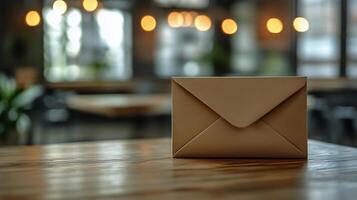Brown Envelope Placed on Wooden Table in a Cozy Cafe With Warm Lights in the Background photo