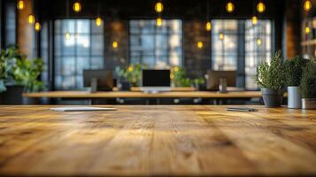 Modern Office Workspace With Wooden Table and Greenery in a Bright, Minimalistic Design photo