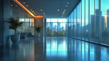 Modern Office Corridor With Large Windows Showcasing City Skyline During Daylight Hours photo