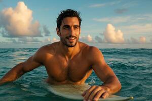 Surfer Enjoying the Ocean Waves During Sunset on a Warm Summer Evening photo