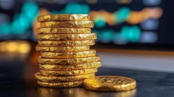 Stacked Gold Coins on a Desk With Digital Charts in the Background During Daytime photo