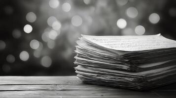 Stack of Old Papers on a Wooden Table With Blurry Background Lights at Night photo