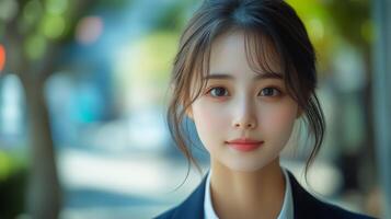 Young Woman Smiles Confidently in a Busy Urban Environment With Soft Sunlight Filtering Through Trees photo