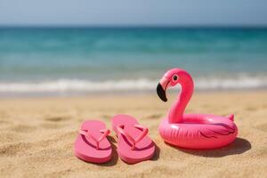 Pink Flip Flops and Flamingo Float on Sandy Beach Near Calm Ocean Water on Sunny Day photo