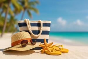 Summer Beach Essentials With Hat, Sandals, and Starfish on Sandy Shore photo