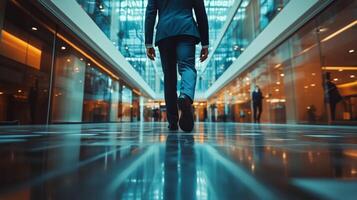 Business Professionals Walking Through a Modern Office Building in a Bustling City During the Day photo