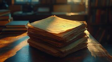Collection of Old Papers Stacked on Wooden Table in Cozy Library During Golden Hour photo