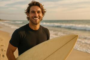 Smiling Surfer Enjoying a Sunny Day at the Beach With Surfboard in Hand During Golden Hour photo