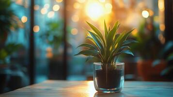 Bright Green Plant on a Wooden Table With Golden Sunlight Filtering Through a Window in the Background photo