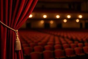 Red Velvet Curtain Opens to Reveal Empty Theater Seats at Evening Show photo