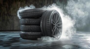 Tires Stacked With Smoke Effects in a Dramatic Display photo