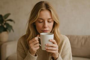 Coffee Break in a Cozy Setting for a Woman Enjoying a Warm Drink Indoors photo