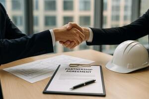 Business Partnership Agreement Signing With Handshake in Modern Office Setting photo
