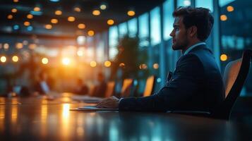 Business Professional Focused During Evening Meeting in Modern Office Setting With Warm Lighting photo