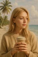 Woman Enjoying Coffee on a Tropical Beach During a Sunny Day With Palm Trees in the Background photo