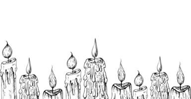 border, banner candle with wick and wax. Hand painted linear candlelight illustration style for Christmas or birthday design. Graphic monochrome sketch isolated on background. For designers vector