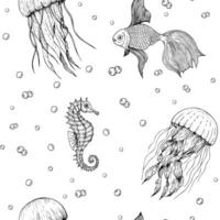 beautiful jellyfish, tropical and gold fish with bubbles. Hand painted line sketch, sparkling oxygen. Graphic clip art isolated on background. Underwater illustration. For designers vector