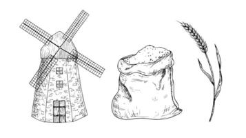 Windmill, fabric canvas bag for food or delivery. Graphic ink bag with flour, ear of wheat, grain illustration isolated on background. Hand drawn line sketch. For designers, prints, logo, icon vector