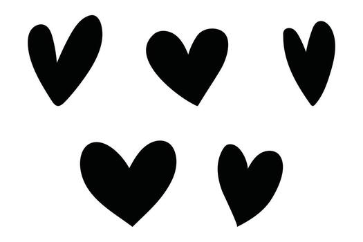 Black Heart Shapes Collection in a Row Various Solid and Patterned Designs Minimalist Valentine's Set vector
