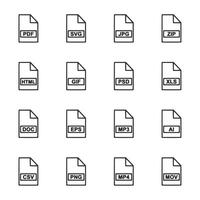 A set of white and black icons for various file types vector