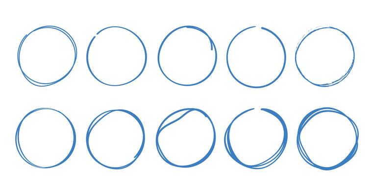 Hand drawn circle element set, blue line frame collection