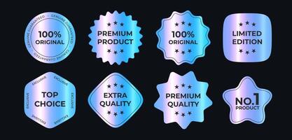 Premium Holographic Badges Set With Metallic Gradient Effect For Product Labels, Quality Guarantee, Promotion, Limited Edition And Top Choice Signs. Bright Shiny Stickers. Illustration vector