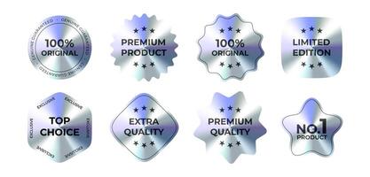 Premium Metallic Badges Set. Shiny Gradient Labels with text Original, Premium Product, Limited Edition, Top Choice, Extra Quality, No.1 Product. Illustration. vector