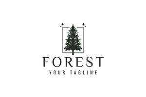 Pine forest themed logo with minimalist design, featuring pine tree silhouette in geometric frame. Suitable for branding nature products, adventure, or eco-friendly business. vector
