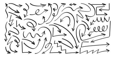Arrows with Squiggle Curvy Lines and Loops in Hand Drawn Style. Set of doodle arrow icons. Collection of sketchy hand free curved lines and pointers vector