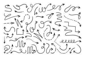 Thin Hand Drawn Geometrical Arrows with Squiggle Curvy Lines and Loops. Set of doodle arrow icons. Collection of sketchy hand free curved lines and pointers vector
