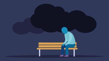 Lonely Figure A solitary figure sitting on a park bench with a dark cloud overhead symbolizing feelings of isolation and despair that often accompany extended unemployment.. vector