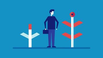 Job Uncertainty A person standing at a crossroads with signs pointing to Stable Job and Gig Work the choice between stability and gig opportunities.. vector