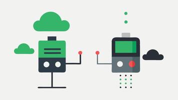 Machine Breakdown Avoided A sidebyside comparison of two machinesone with sensors showing a green light functioning well and the other without sensors breaking down in a cloud of. vector