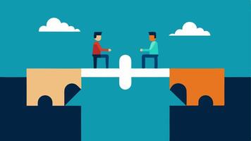 Bridge of Trust Two teams on opposite sides of a chasm building a bridge made of puzzle pieces showing that trust connects people and helps them collaborate effectively.. vector
