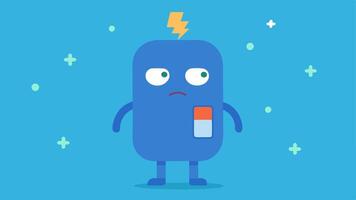 Empty Battery Icon A character with a drained battery symbol above their head signifying low energy levels and fatigue associated with emotional burnout.. vector