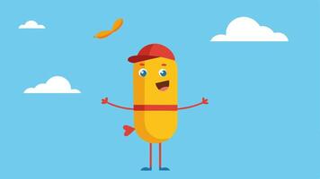 KiteFlying Fun An animated hot dog character dressed in a little baseball cap eagerly tugging on the string of a multicolored kite that dances in the wind. The scene captures the. vector